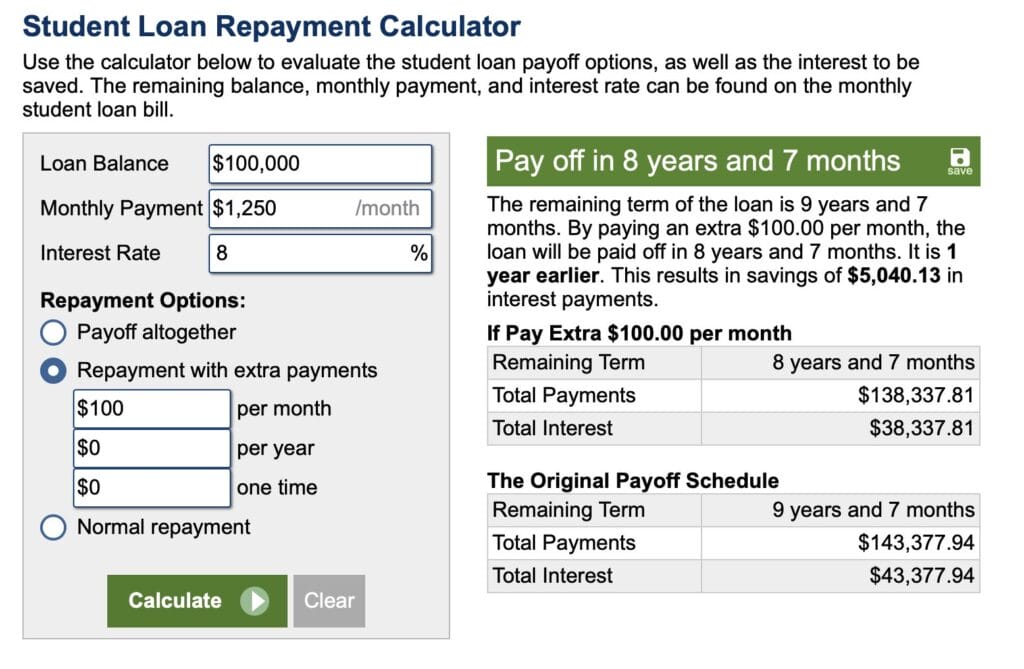 Student loan calculator showing the power of one additional $100 monthly payment as part of Think and Talk Money's 10 student loan tips for lawyers and professionals.